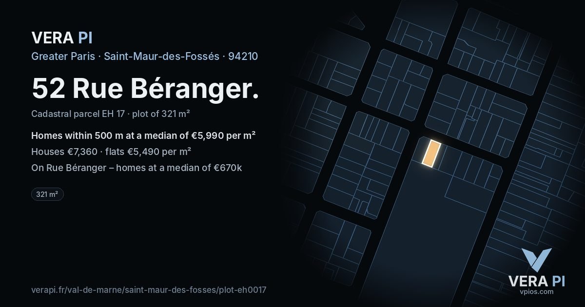 52 Rue Béranger, Saint-Maur-des-Fossés at night – the plot lit, the parcels around coloured by the prices near them