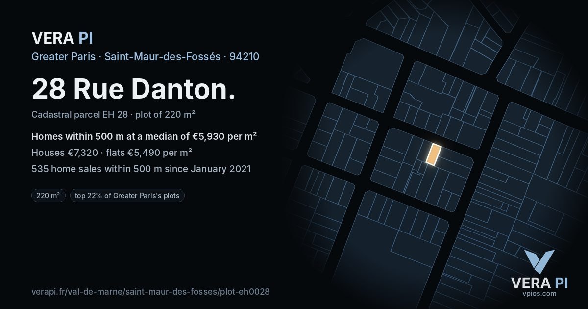 28 Rue Danton, Saint-Maur-des-Fossés at night – the plot lit, the parcels around coloured by the prices near them