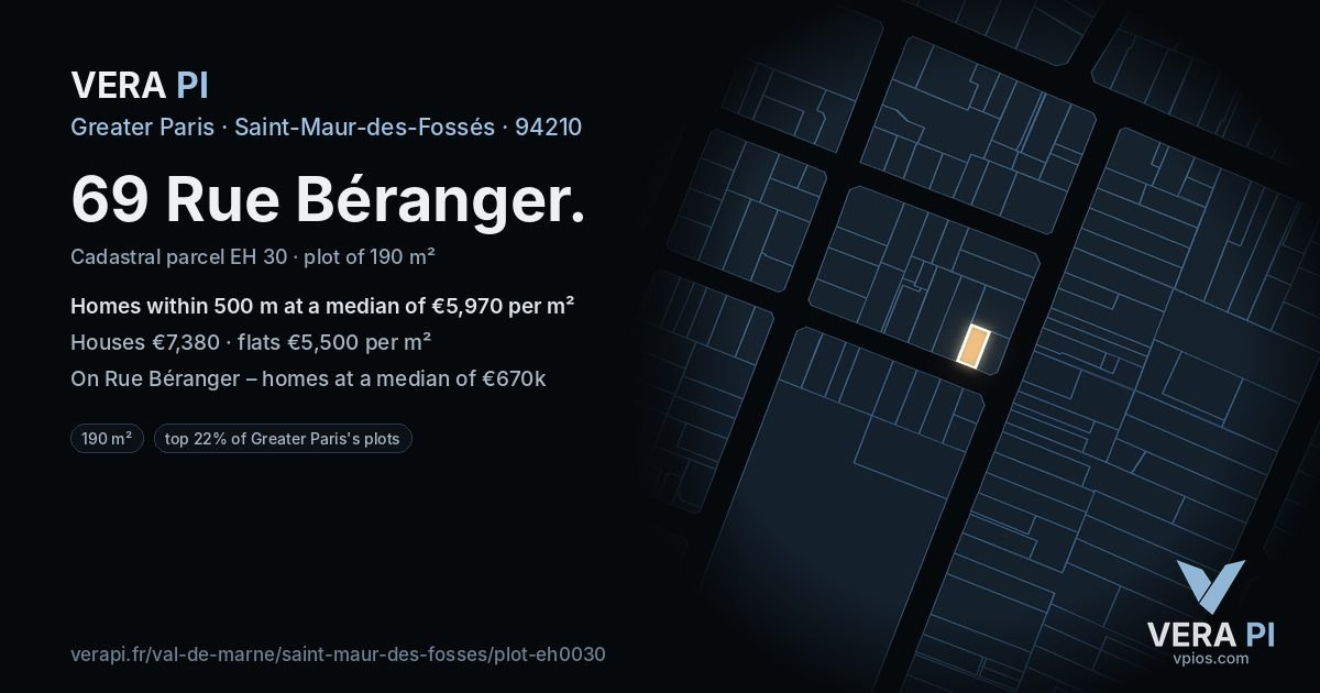 69 Rue Béranger, Saint-Maur-des-Fossés at night – the plot lit, the parcels around coloured by the prices near them