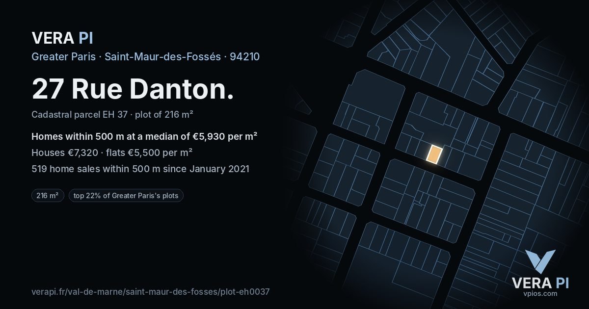 27 Rue Danton, Saint-Maur-des-Fossés at night – the plot lit, the parcels around coloured by the prices near them