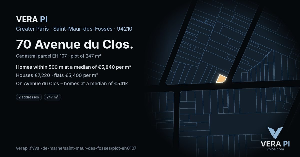70 Avenue du Clos, Saint-Maur-des-Fossés at night – the plot lit, the parcels around coloured by the prices near them