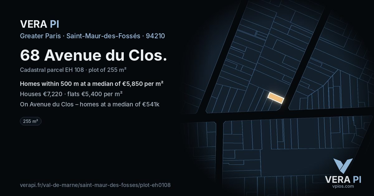 68 Avenue du Clos, Saint-Maur-des-Fossés at night – the plot lit, the parcels around coloured by the prices near them
