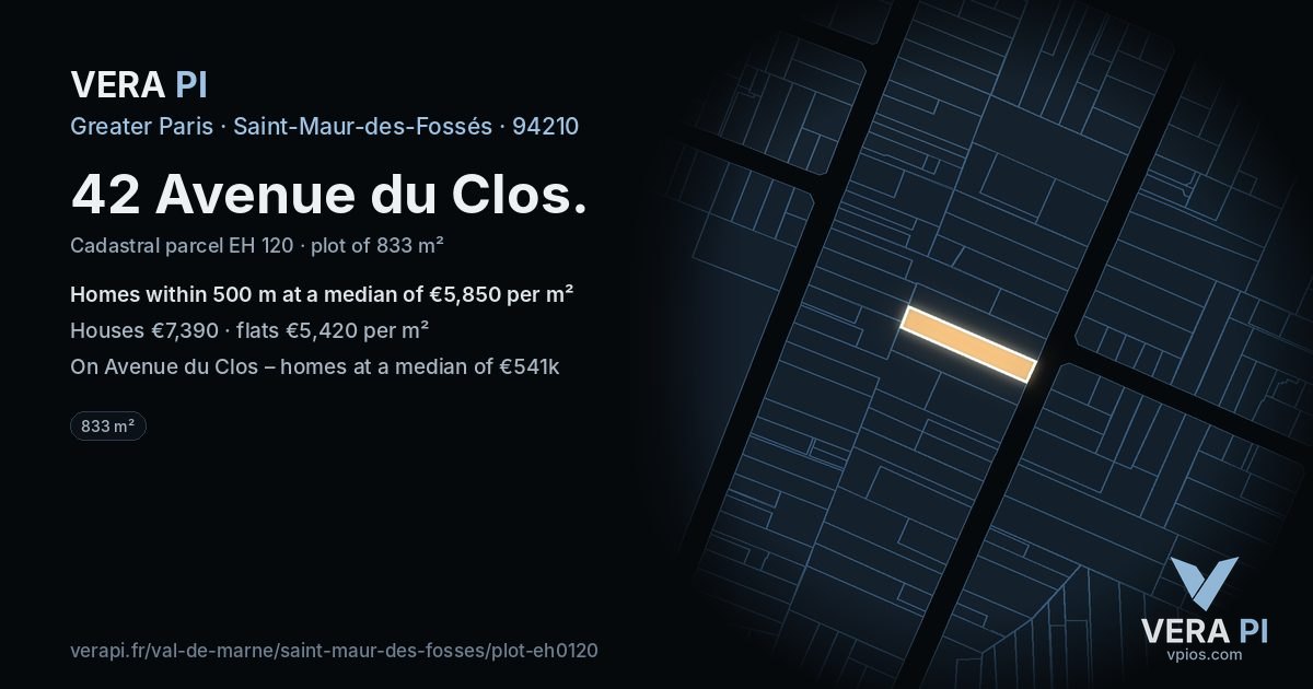 42 Avenue du Clos, Saint-Maur-des-Fossés at night – the plot lit, the parcels around coloured by the prices near them
