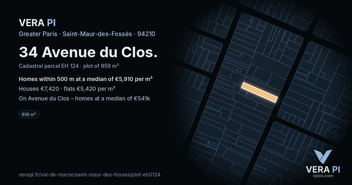 34 Avenue du Clos, Saint-Maur-des-Fossés at night – the plot lit, the parcels around coloured by the prices near them