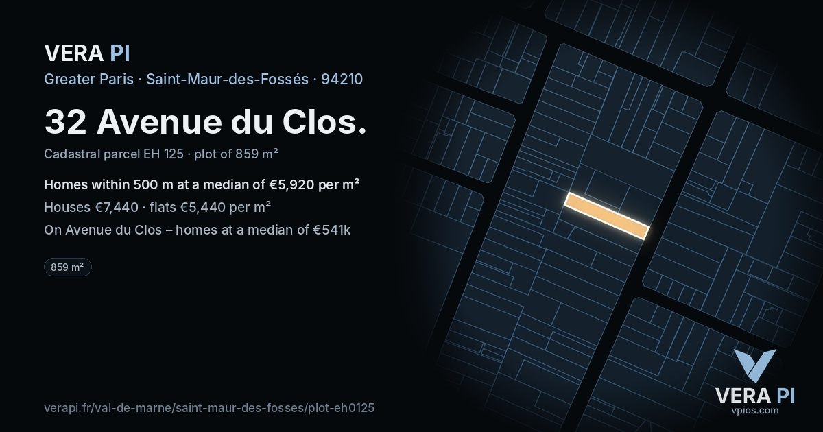 32 Avenue du Clos, Saint-Maur-des-Fossés at night – the plot lit, the parcels around coloured by the prices near them