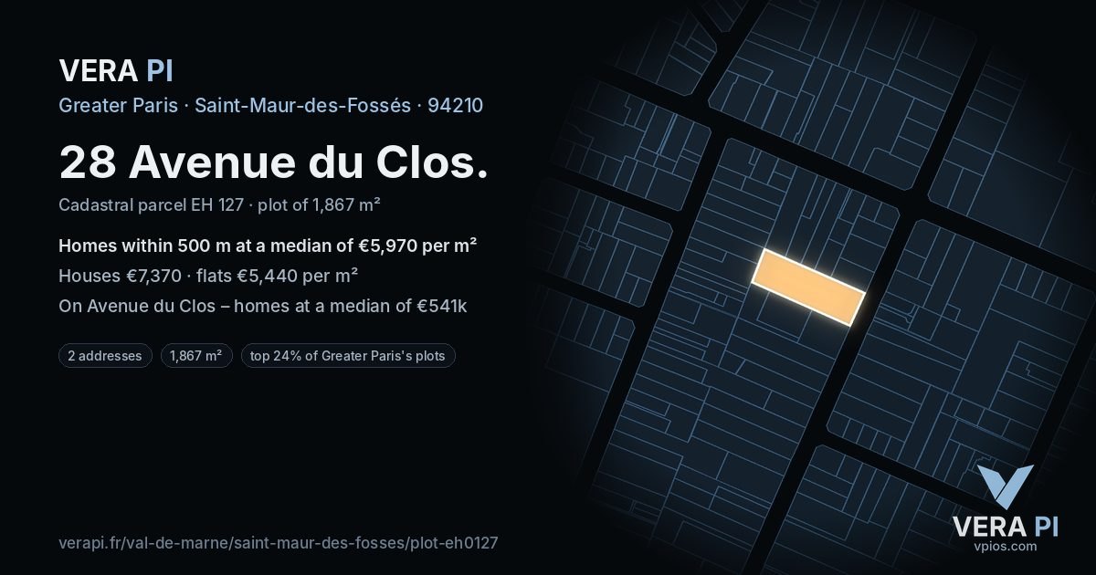 28 Avenue du Clos, Saint-Maur-des-Fossés at night – the plot lit, the parcels around coloured by the prices near them