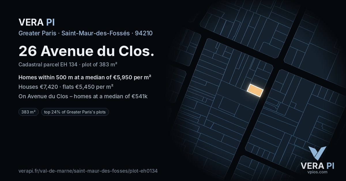 26 Avenue du Clos, Saint-Maur-des-Fossés at night – the plot lit, the parcels around coloured by the prices near them