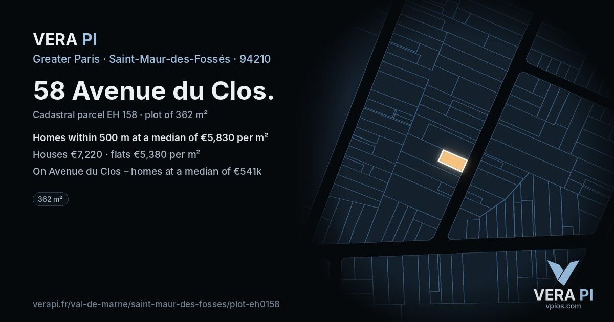 58 Avenue du Clos, Saint-Maur-des-Fossés at night – the plot lit, the parcels around coloured by the prices near them