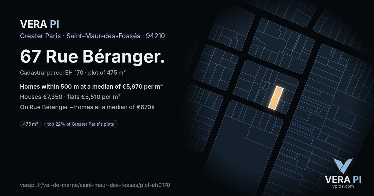 67 Rue Béranger, Saint-Maur-des-Fossés at night – the plot lit, the parcels around coloured by the prices near them