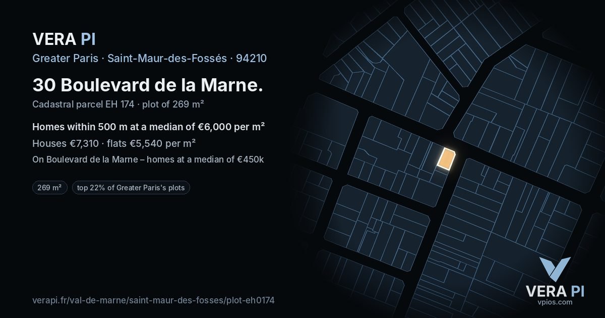 30 Boulevard de la Marne, Saint-Maur-des-Fossés at night – the plot lit, the parcels around coloured by the prices near them