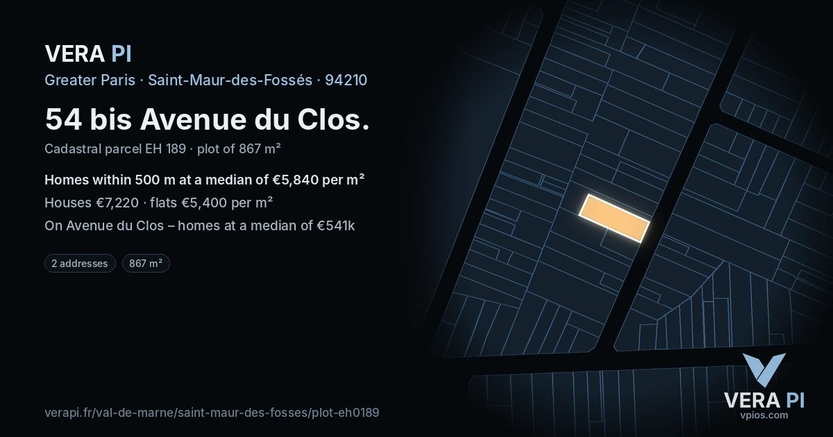 54 bis Avenue du Clos, Saint-Maur-des-Fossés at night – the plot lit, the parcels around coloured by the prices near them