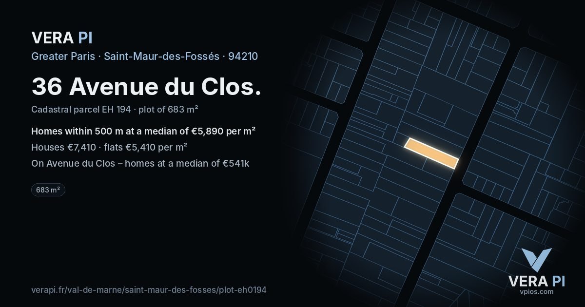 36 Avenue du Clos, Saint-Maur-des-Fossés at night – the plot lit, the parcels around coloured by the prices near them