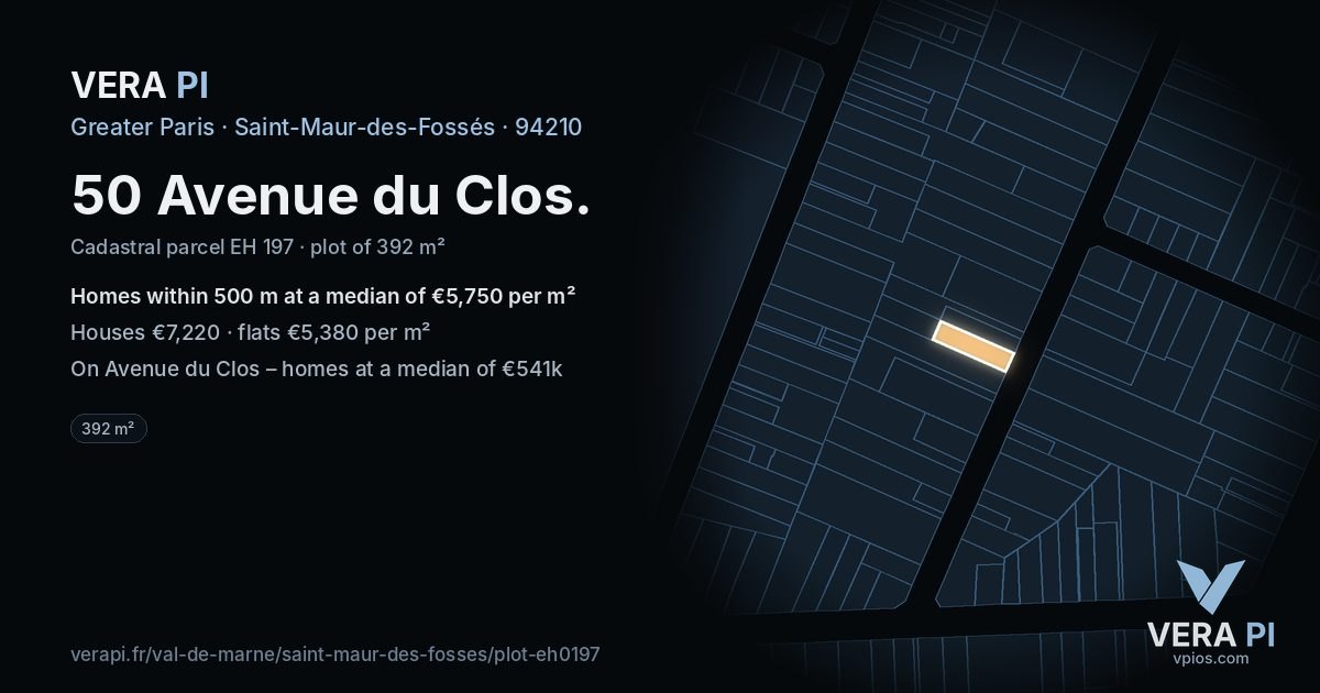 50 Avenue du Clos, Saint-Maur-des-Fossés at night – the plot lit, the parcels around coloured by the prices near them