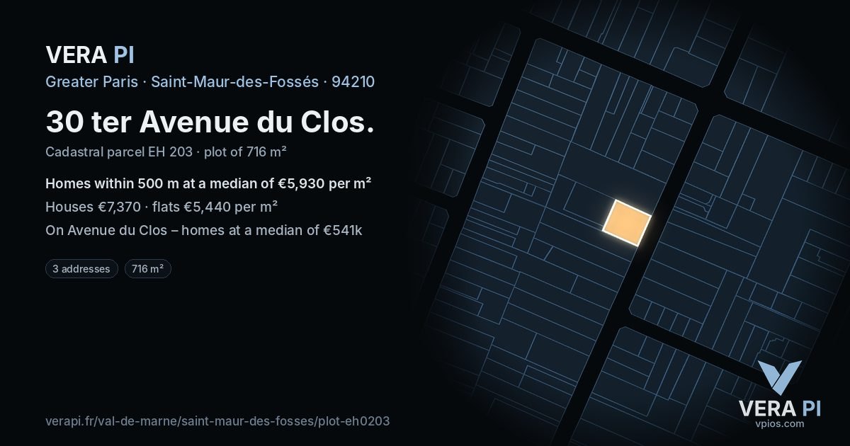 30 ter Avenue du Clos, Saint-Maur-des-Fossés at night – the plot lit, the parcels around coloured by the prices near them
