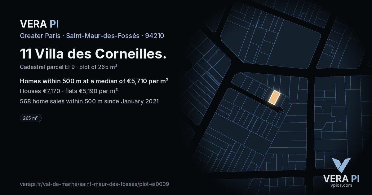 11 Villa des Corneilles, Saint-Maur-des-Fossés at night – the plot lit, the parcels around coloured by the prices near them