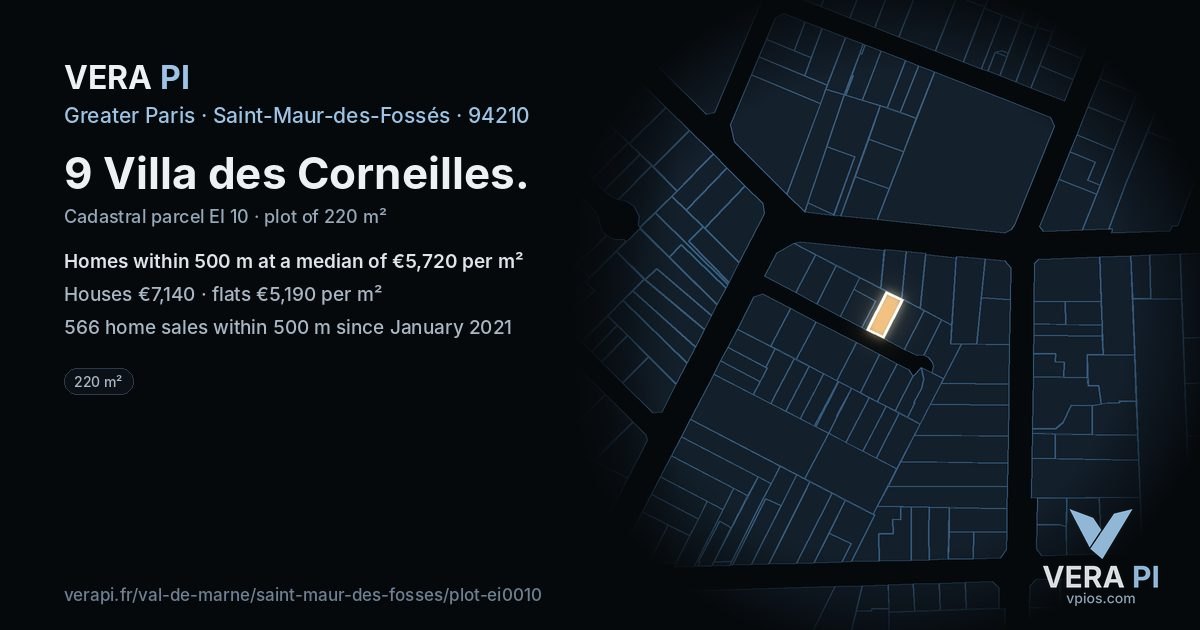 9 Villa des Corneilles, Saint-Maur-des-Fossés at night – the plot lit, the parcels around coloured by the prices near them