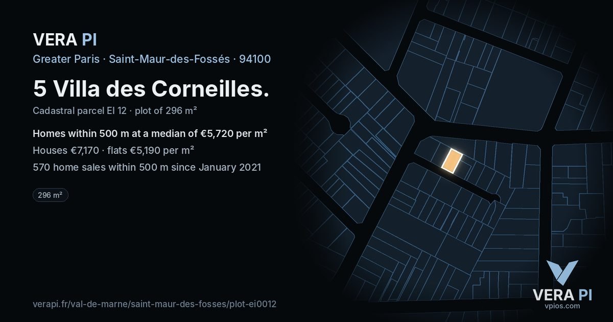 5 Villa des Corneilles, Saint-Maur-des-Fossés at night – the plot lit, the parcels around coloured by the prices near them