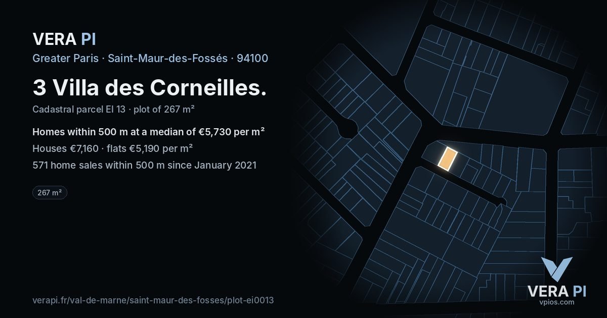 3 Villa des Corneilles, Saint-Maur-des-Fossés at night – the plot lit, the parcels around coloured by the prices near them