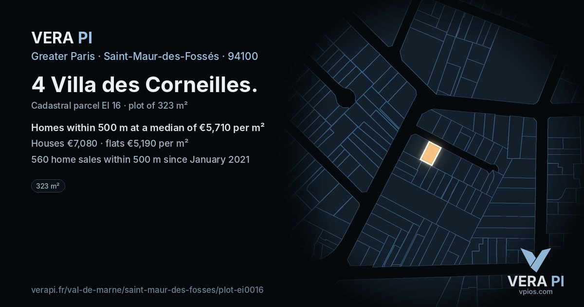 4 Villa des Corneilles, Saint-Maur-des-Fossés at night – the plot lit, the parcels around coloured by the prices near them