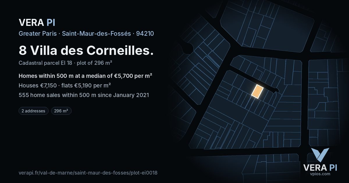 8 Villa des Corneilles, Saint-Maur-des-Fossés at night – the plot lit, the parcels around coloured by the prices near them