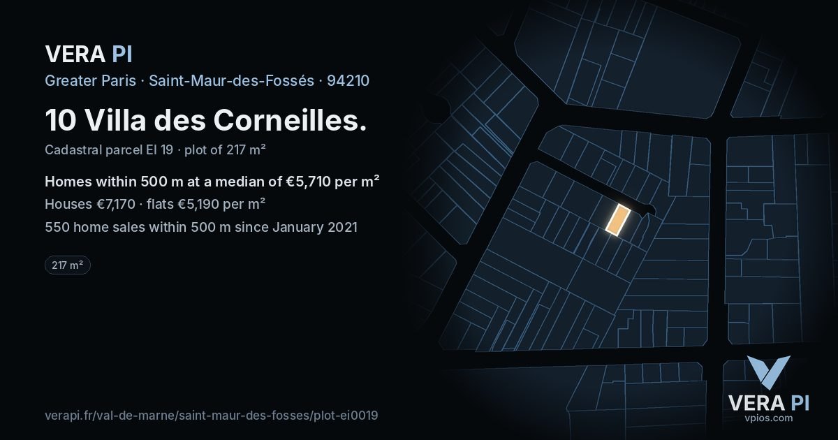 10 Villa des Corneilles, Saint-Maur-des-Fossés at night – the plot lit, the parcels around coloured by the prices near them
