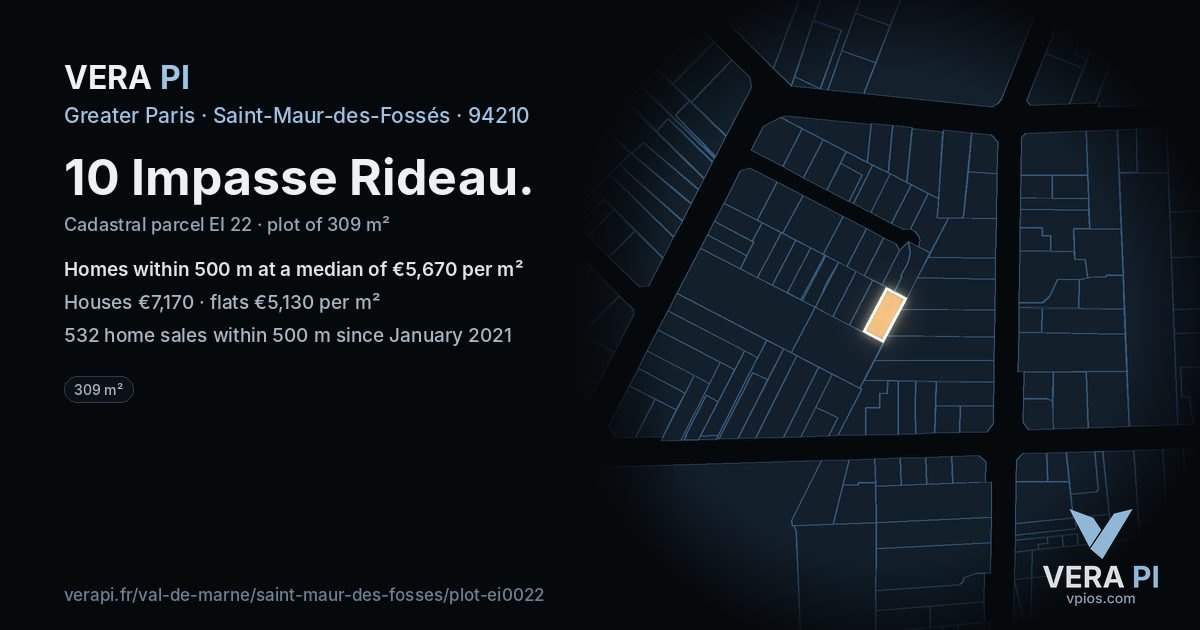 10 Impasse Rideau, Saint-Maur-des-Fossés at night – the plot lit, the parcels around coloured by the prices near them