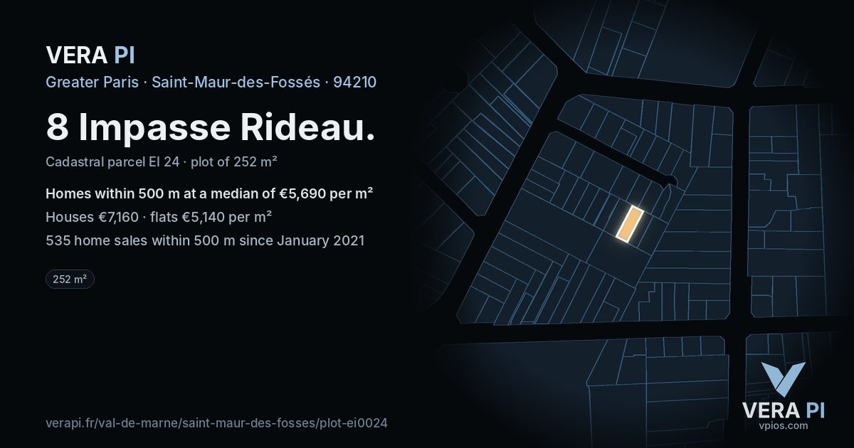 8 Impasse Rideau, Saint-Maur-des-Fossés at night – the plot lit, the parcels around coloured by the prices near them