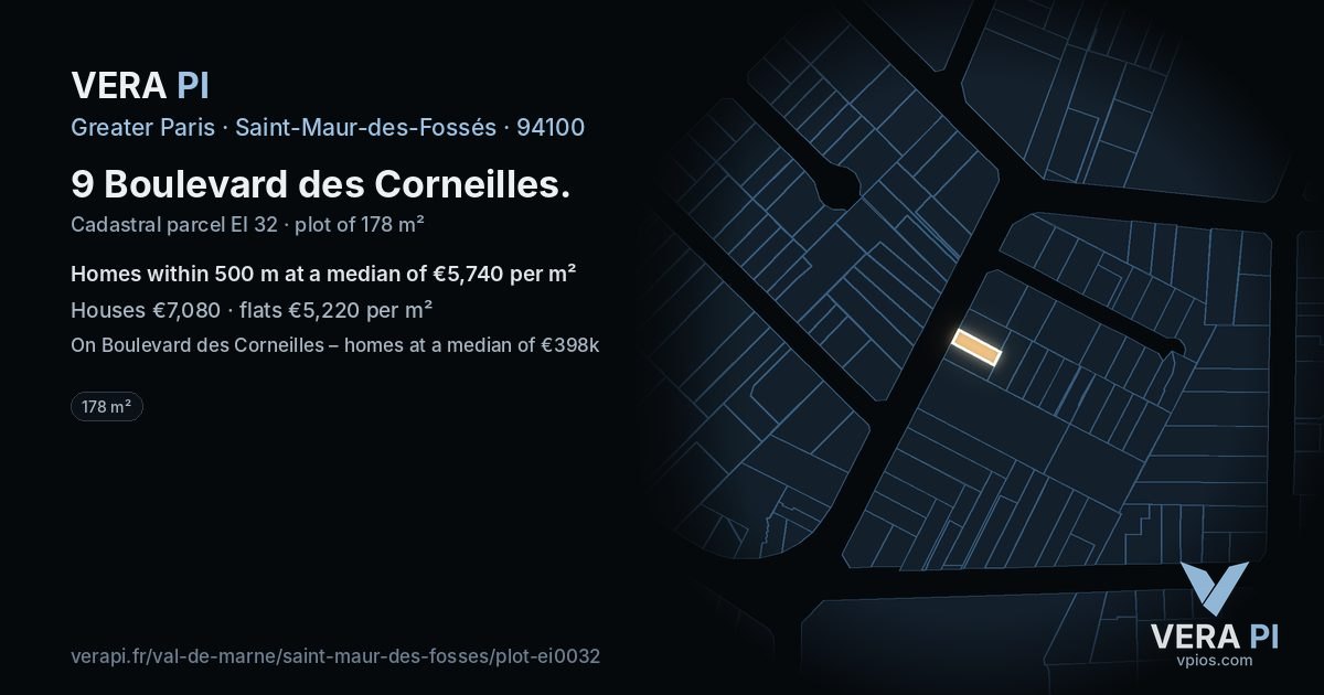 9 Boulevard des Corneilles, Saint-Maur-des-Fossés at night – the plot lit, the parcels around coloured by the prices near them
