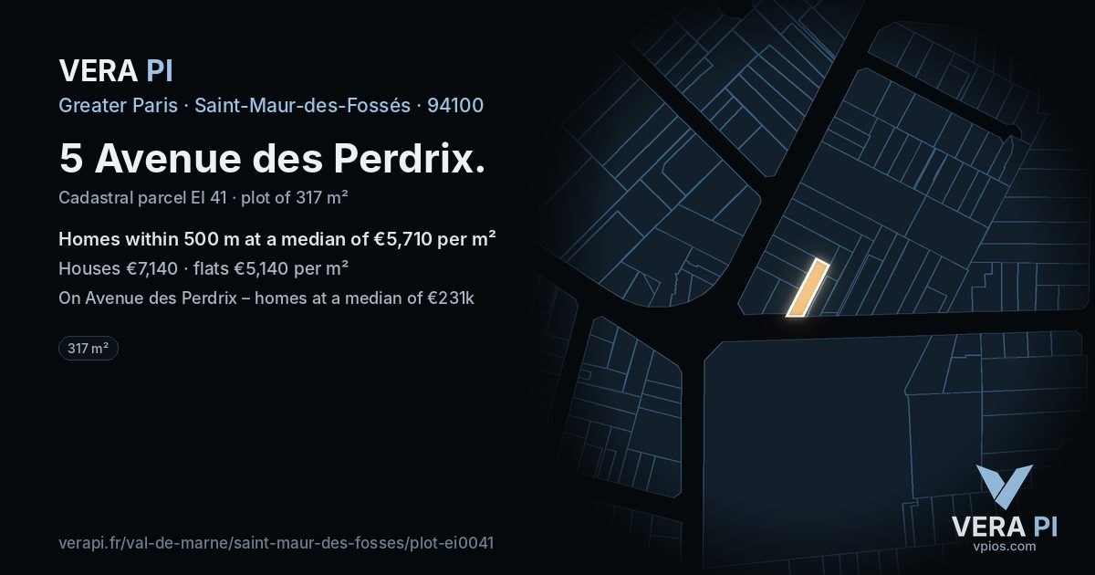 5 Avenue des Perdrix, Saint-Maur-des-Fossés at night – the plot lit, the parcels around coloured by the prices near them