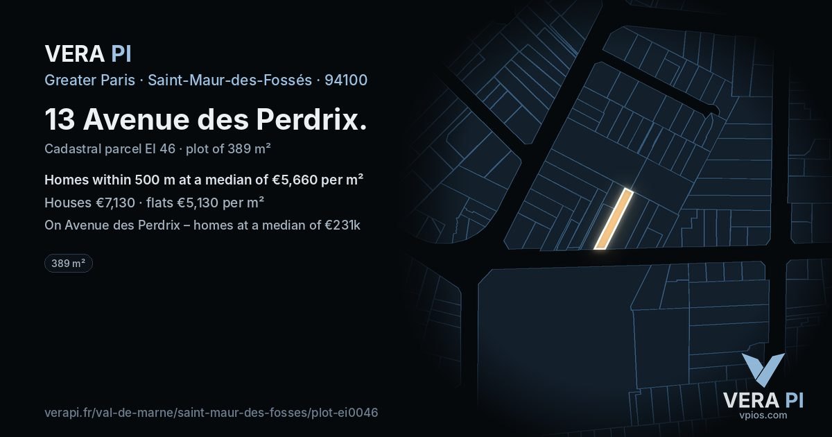 13 Avenue des Perdrix, Saint-Maur-des-Fossés at night – the plot lit, the parcels around coloured by the prices near them