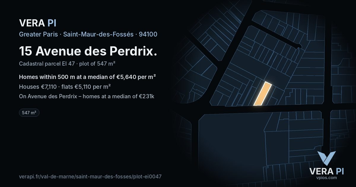 15 Avenue des Perdrix, Saint-Maur-des-Fossés at night – the plot lit, the parcels around coloured by the prices near them