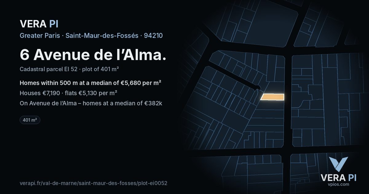 6 Avenue de l’Alma, Saint-Maur-des-Fossés at night – the plot lit, the parcels around coloured by the prices near them