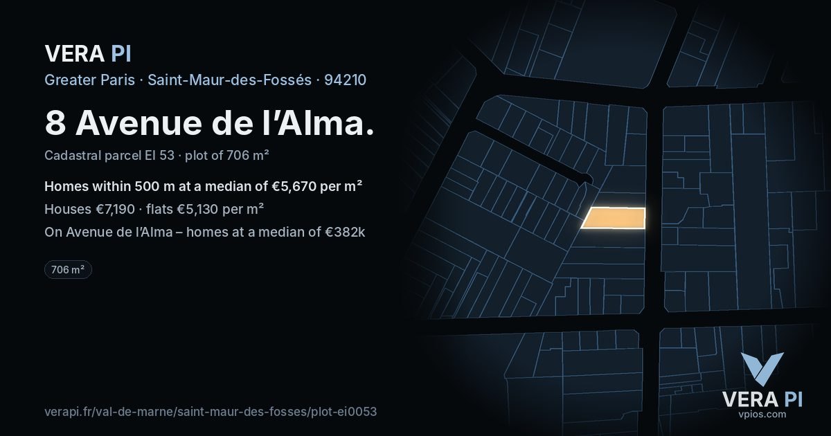 8 Avenue de l’Alma, Saint-Maur-des-Fossés at night – the plot lit, the parcels around coloured by the prices near them