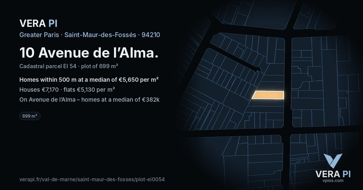 10 Avenue de l’Alma, Saint-Maur-des-Fossés at night – the plot lit, the parcels around coloured by the prices near them