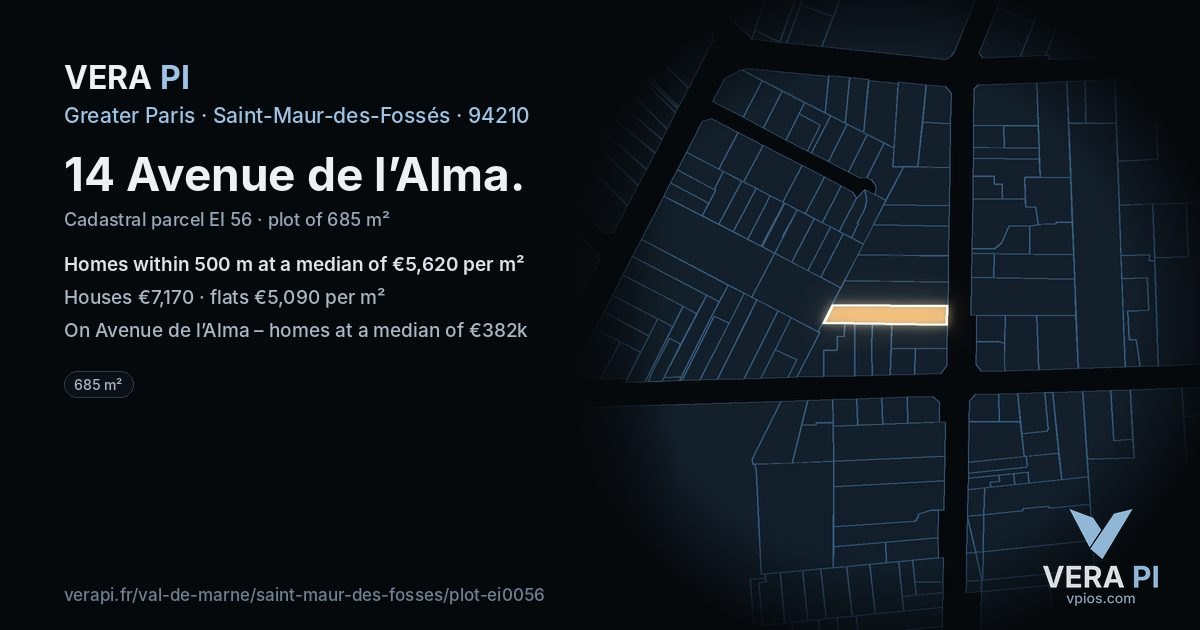 14 Avenue de l’Alma, Saint-Maur-des-Fossés at night – the plot lit, the parcels around coloured by the prices near them