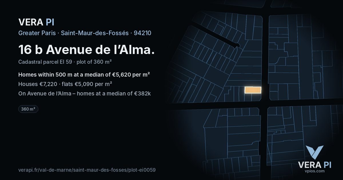 16 b Avenue de l’Alma, Saint-Maur-des-Fossés at night – the plot lit, the parcels around coloured by the prices near them