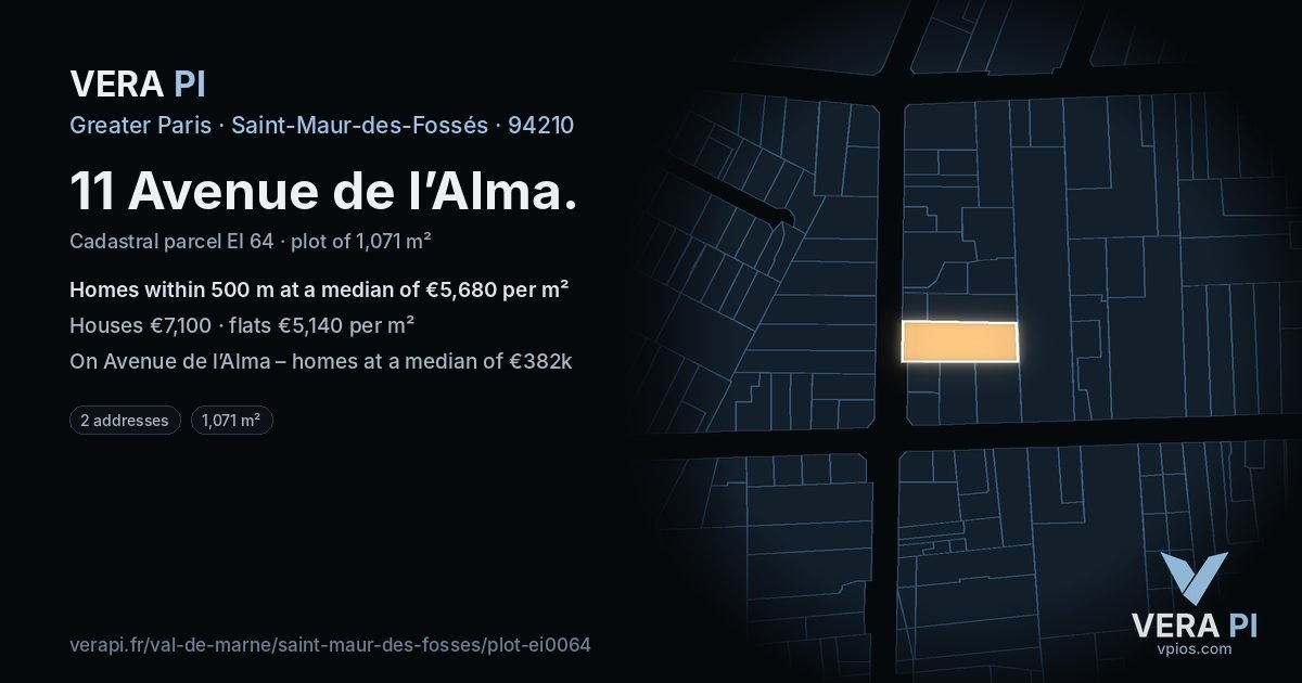 11 Avenue de l’Alma, Saint-Maur-des-Fossés at night – the plot lit, the parcels around coloured by the prices near them
