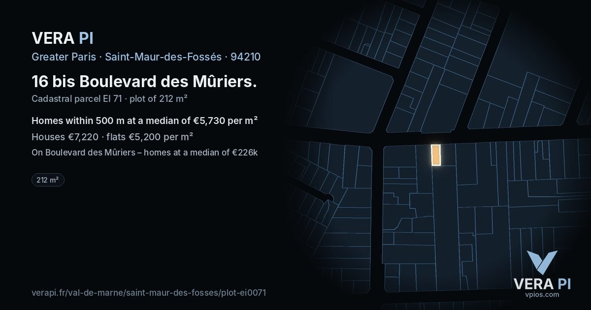16 bis Boulevard des Mûriers, Saint-Maur-des-Fossés at night – the plot lit, the parcels around coloured by the prices near them