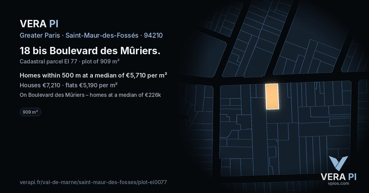 18 bis Boulevard des Mûriers, Saint-Maur-des-Fossés at night – the plot lit, the parcels around coloured by the prices near them