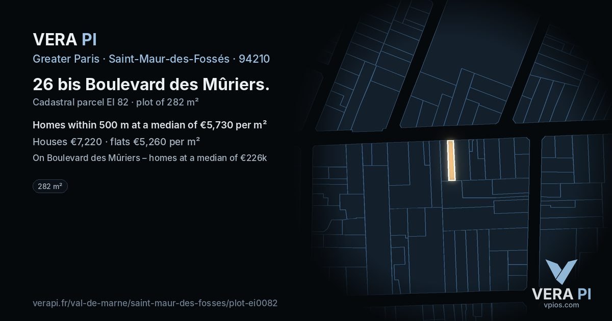 26 bis Boulevard des Mûriers, Saint-Maur-des-Fossés at night – the plot lit, the parcels around coloured by the prices near them
