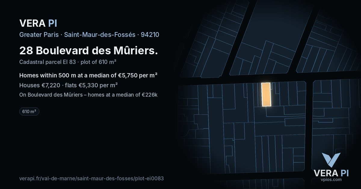 28 Boulevard des Mûriers, Saint-Maur-des-Fossés at night – the plot lit, the parcels around coloured by the prices near them