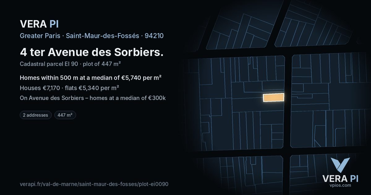 4 ter Avenue des Sorbiers, Saint-Maur-des-Fossés at night – the plot lit, the parcels around coloured by the prices near them