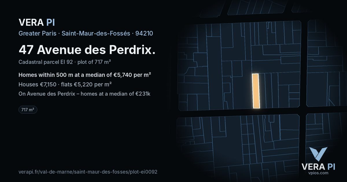 47 Avenue des Perdrix, Saint-Maur-des-Fossés at night – the plot lit, the parcels around coloured by the prices near them