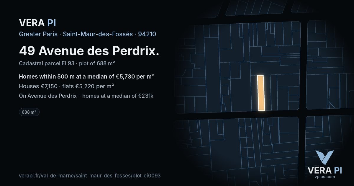 49 Avenue des Perdrix, Saint-Maur-des-Fossés at night – the plot lit, the parcels around coloured by the prices near them