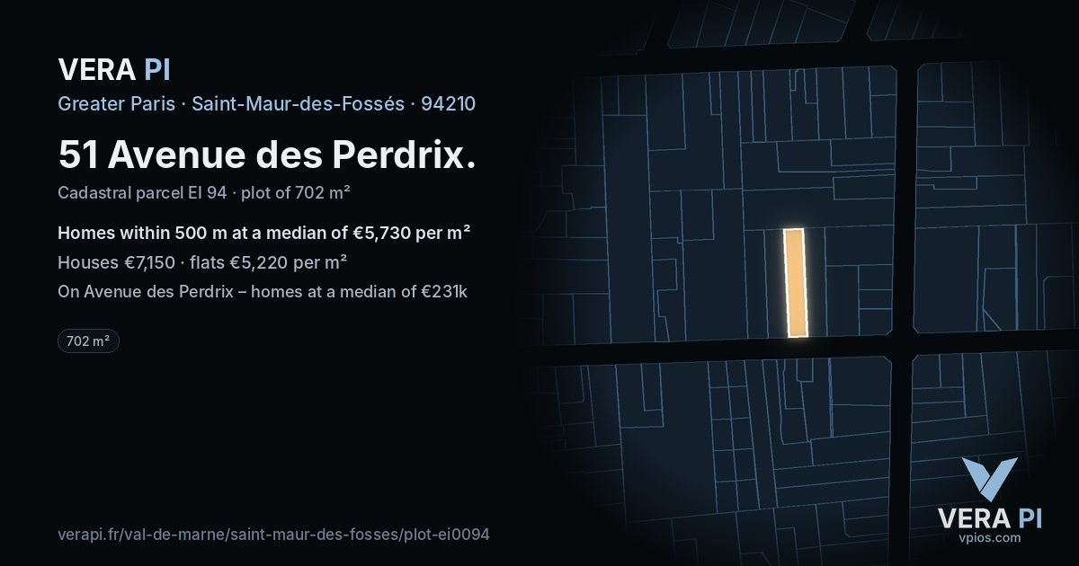 51 Avenue des Perdrix, Saint-Maur-des-Fossés at night – the plot lit, the parcels around coloured by the prices near them