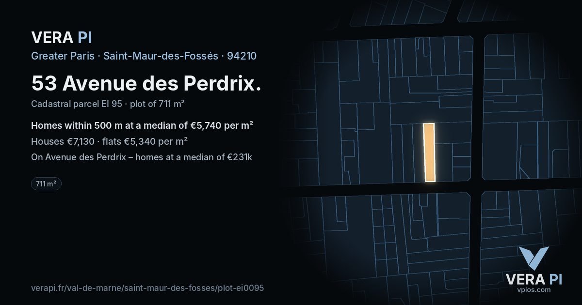 53 Avenue des Perdrix, Saint-Maur-des-Fossés at night – the plot lit, the parcels around coloured by the prices near them