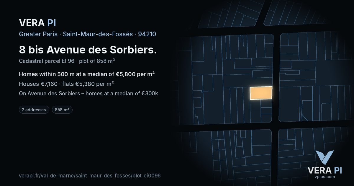 8 bis Avenue des Sorbiers, Saint-Maur-des-Fossés at night – the plot lit, the parcels around coloured by the prices near them