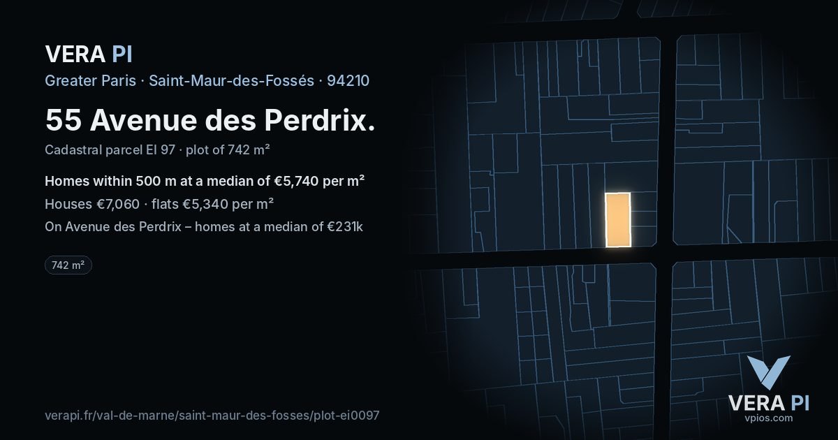 55 Avenue des Perdrix, Saint-Maur-des-Fossés at night – the plot lit, the parcels around coloured by the prices near them