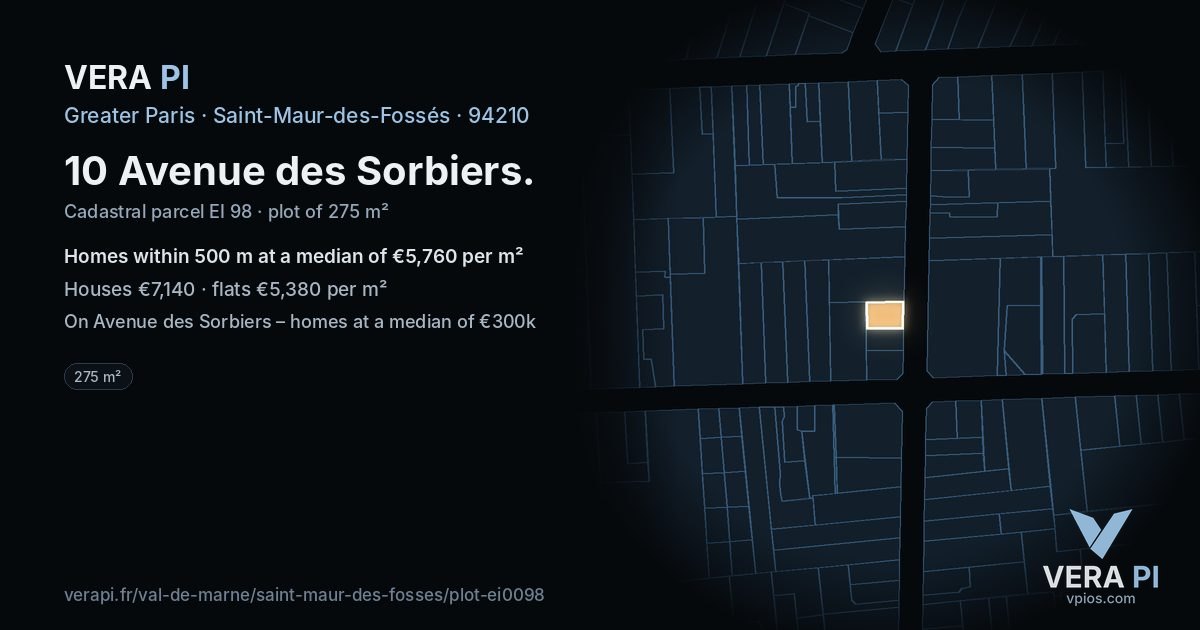 10 Avenue des Sorbiers, Saint-Maur-des-Fossés at night – the plot lit, the parcels around coloured by the prices near them