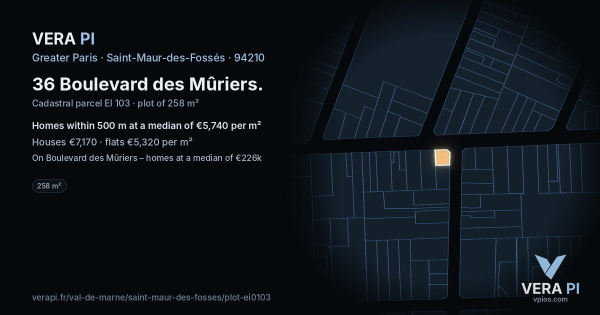 36 Boulevard des Mûriers, Saint-Maur-des-Fossés at night – the plot lit, the parcels around coloured by the prices near them